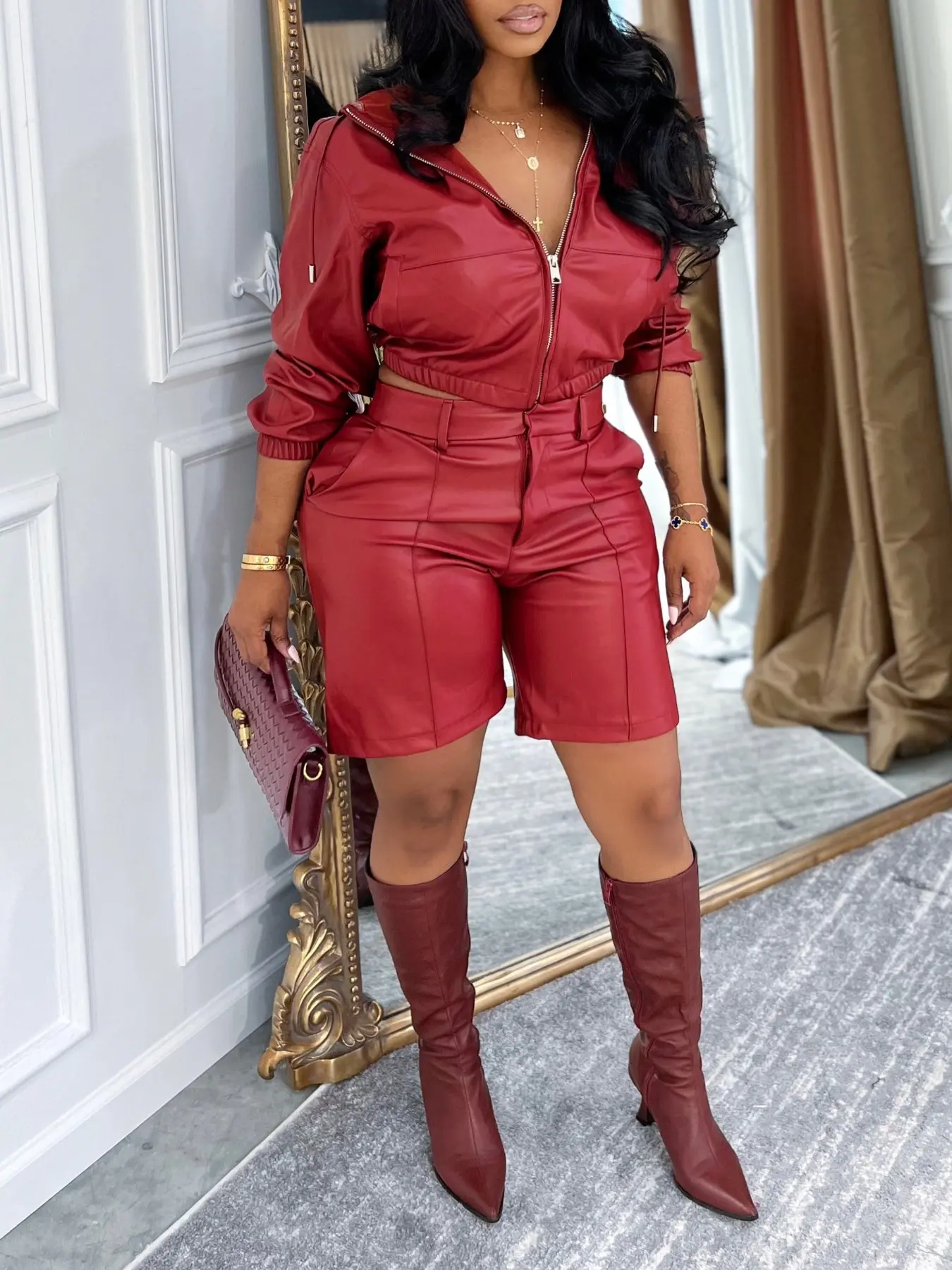 Women's Fashion Leather Jacket Fitted Set Outfit Womenswear with Hat Long  Sleeve Coat Short Pants Casual Fall Winter, Two-Piece Stylish Clothing Lady  - TikTok Shop