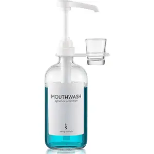 16 Oz Rustic Boho Glass Mouthwash Dispenser with Cup Holder and Pump, 1 Pack Clear for Bathroom Farmhouse Decor