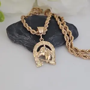 Gold Lucky Horseshoe Necklace for Men, 4mm French Rope Chain