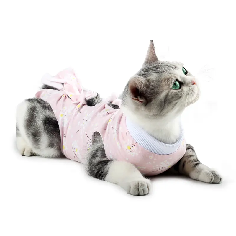 Cat Recovery Suit After Spay Neuter Surgery – Soft Modal Anti-Lick Bodysuit with Cute Plum Blossom Print – Adjustable Tie Back Design Prevents Wound Infection – Breathable Stretchy Pet Healing Wear
