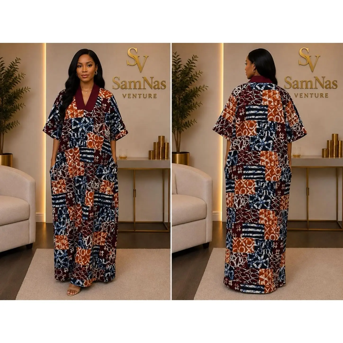 SamNas Venture Women's African Print Maxi Kaftan Dress Navy Blue Burgundy Burnt Orange White Patchwork V-Neck Relaxed Fit Full Length