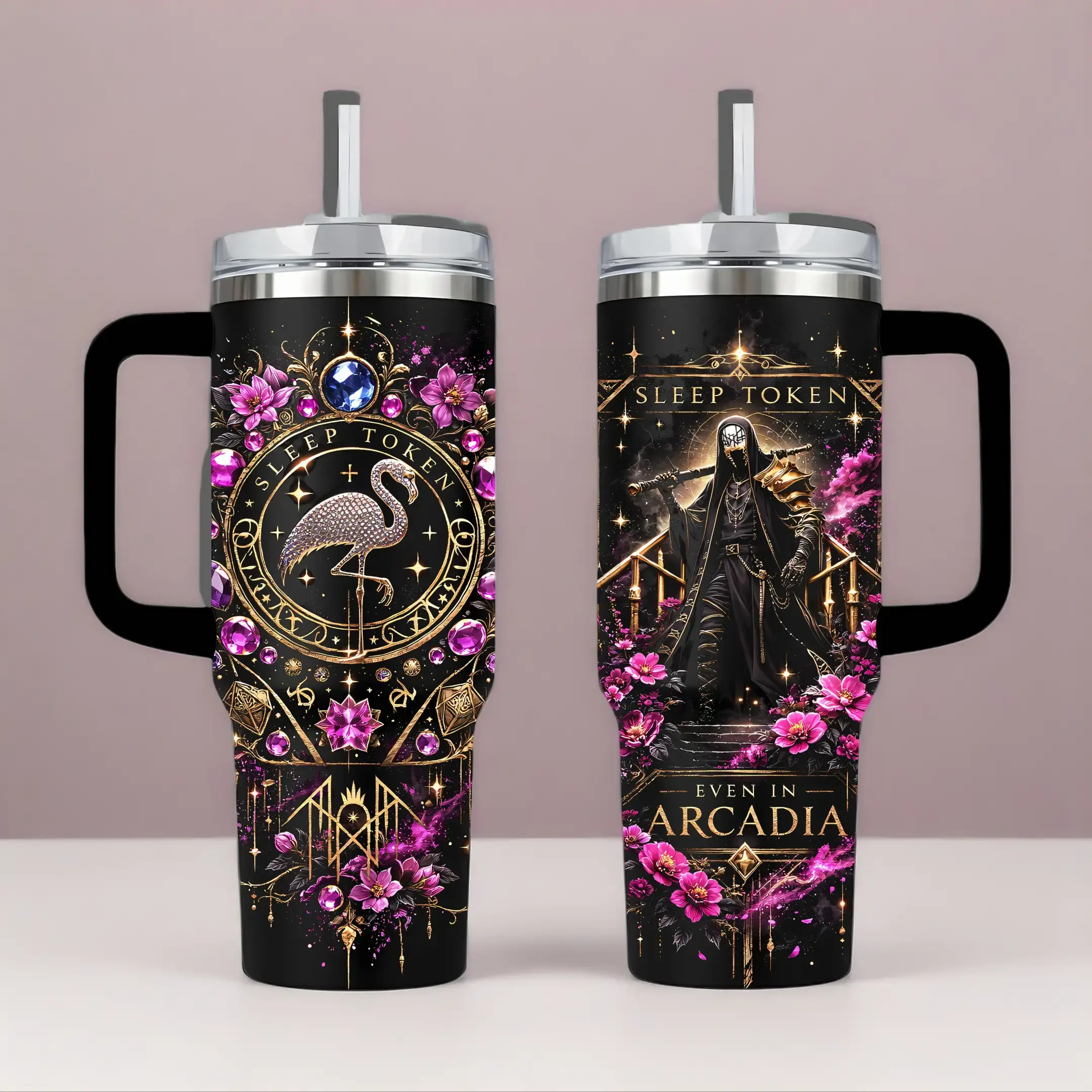 Sleep Token Tumbler, 40oz Cup with Handle & 20oz Travel Mug. Gift for Rock Music Fans Featuring Even in Arcadia Theme