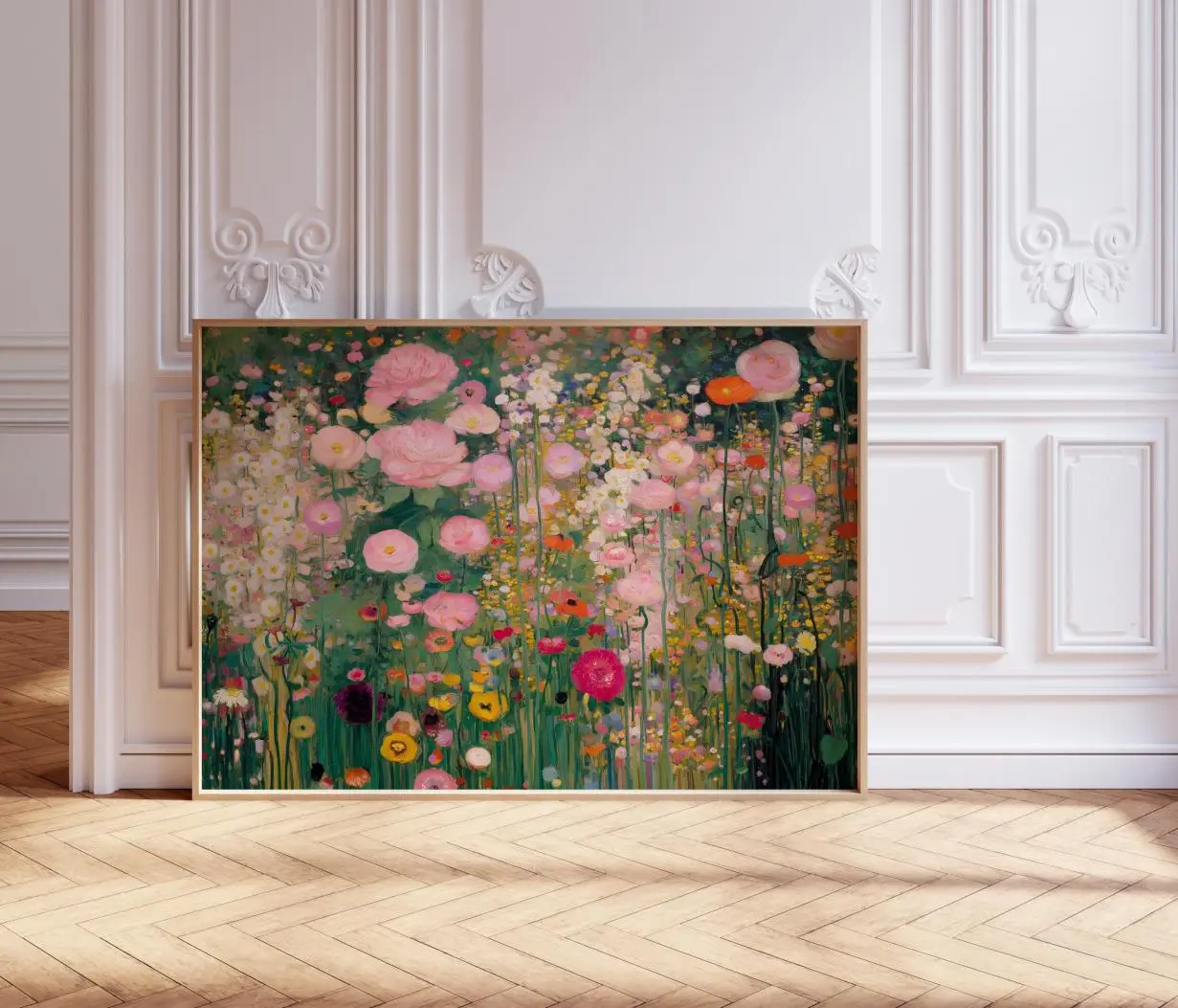 Gustav Klimt style Wildflower meadow print, horizontal abstract floral garden painting, Ready to Go, No Effort Needed, Trendy Looks, Stay Ahead of the Curve