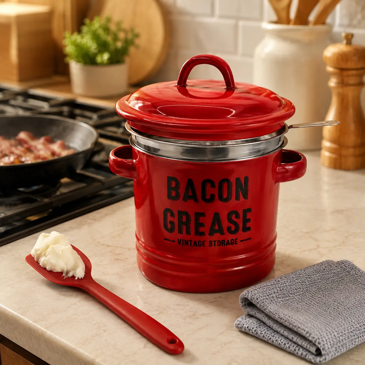 46oz Bacon Grease Keeper with Strainer, 5PCS Kitchen Oil Storage Container Set for Bacon Fat, Cooking Oil & Drippings, 4 Colors