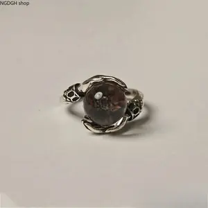 Ancient Totem Ring with Green Crystal - Energy Grounding Tribal, Ornate Filigree & Vine Designs, Dark Aesthetic Statement Ring for Edgy Punk Outfits (Unisex), Rings