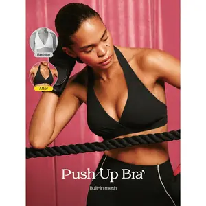 GLOWMODE FeatherFit-Sculpt Confident Moves Buttery-Soft Stretchy Compressive Built-In Mesh Removable Cups Open-Back Design Push-Up Halterneck Sports Bra Light Impact Training Running Workout Gym Wear