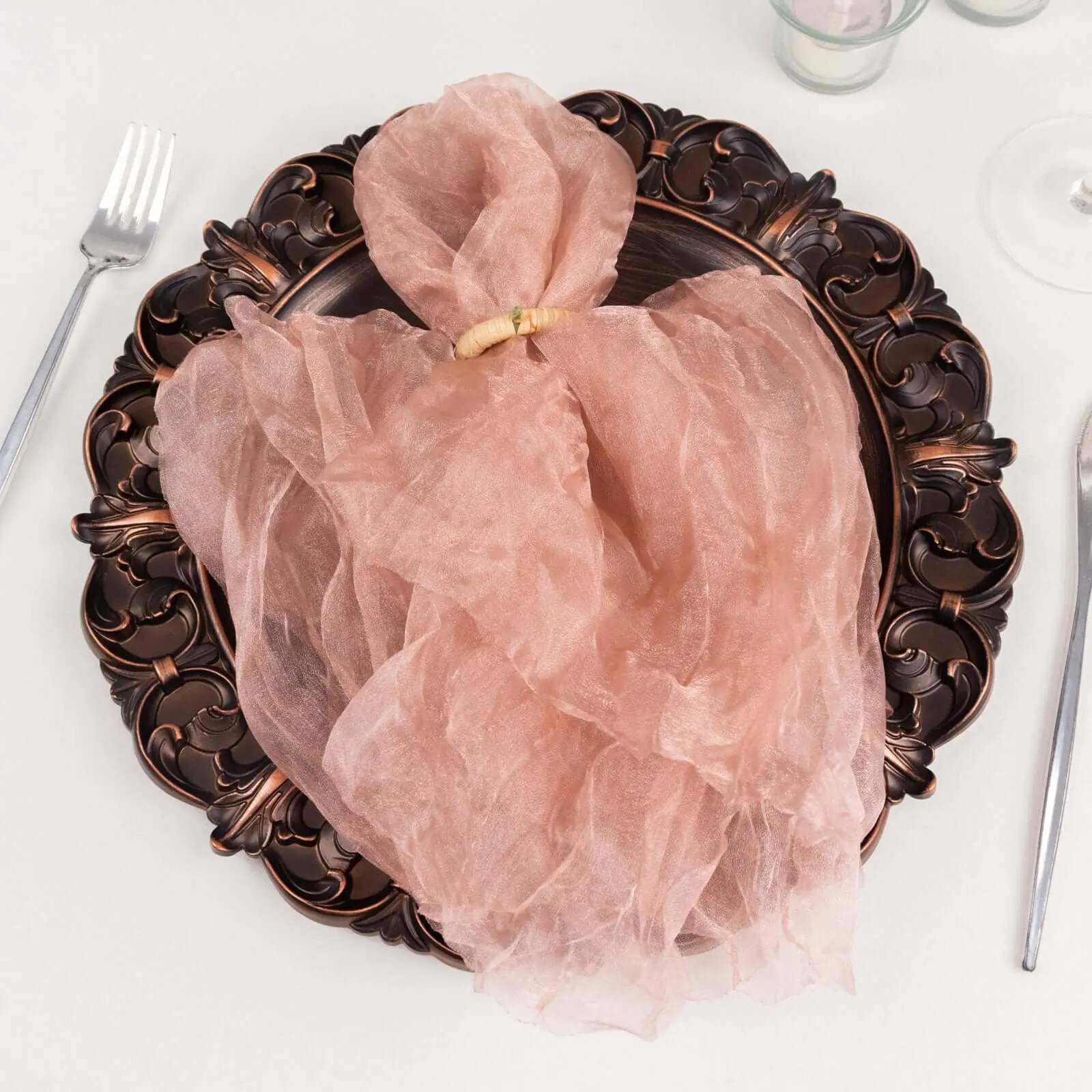 5 Pack Dusty Rose Crinkled Organza 21"x21" Tableware Napkins - Rustic Style Dinner, Party Supplies