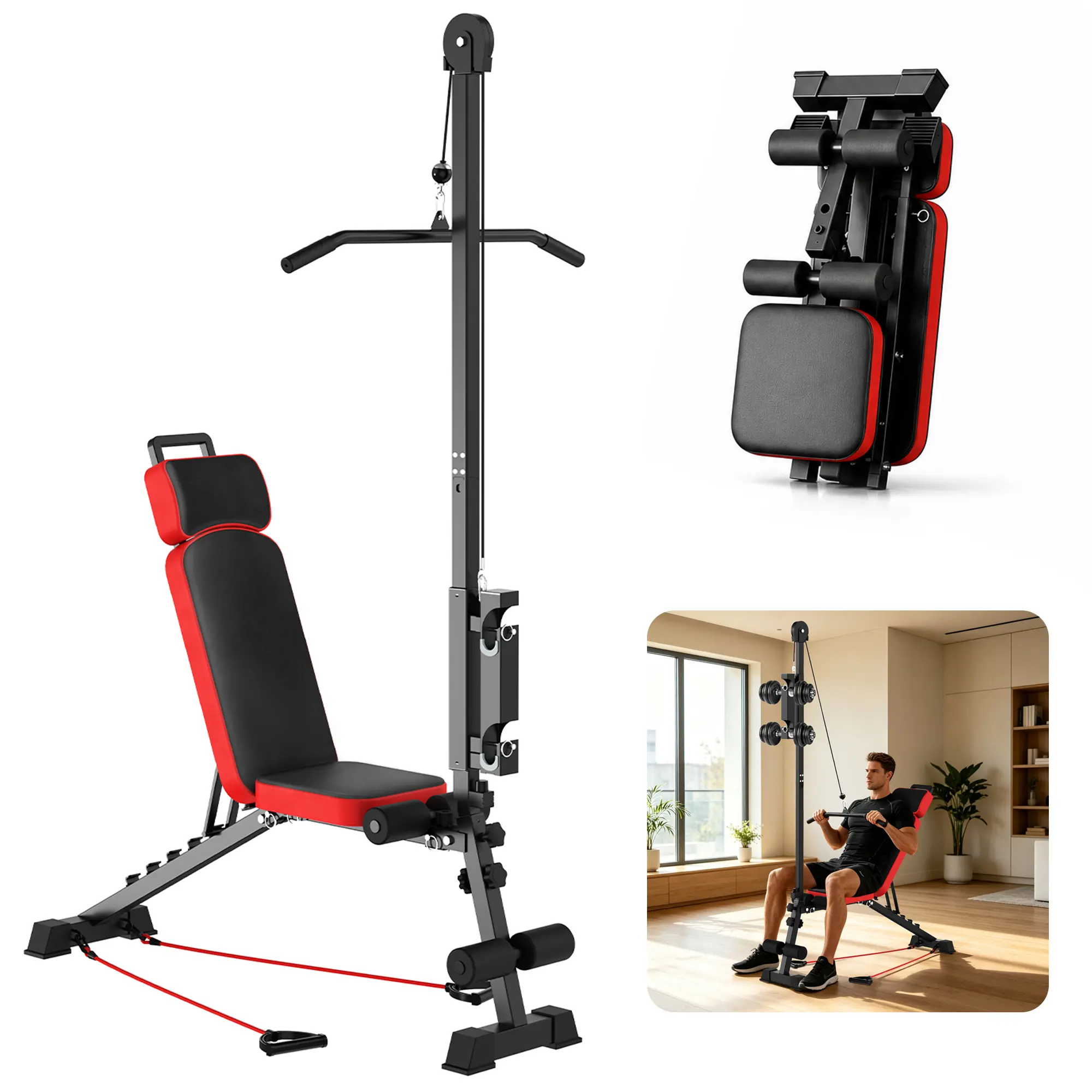 SAYGOGO Multi-Functional Steel Weight Bench, Adjustable Seat & Backrest with Pulley System for Home Gym Strength Training, 16.2Kg