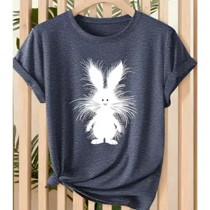 Cute Fuzzy White Bunny Graphic Tee, Women's Retro Fashion Outfit, Soft Cotton Comfort Top, Oversized Casual Spring T-Shirt, Perfect Easter Gift For Her Family Friends