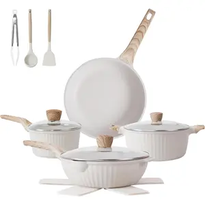 Pots and Pans Set Non Stick, 13 count Kitchen Cookware Sets, Granite Stone Induction Cookware Non Stick Cooking Set w/Frying Pans, Saucepans, Saute Pan (PFOA Free), Cream White