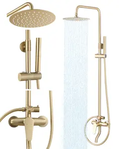 Outdoor Shower System with 10'' Rainfall Shower Head, Exposed Shower Fixture with Brass Valve & Dial Thermometer, 3-Function Handle Tub Faucet Set Adjustable