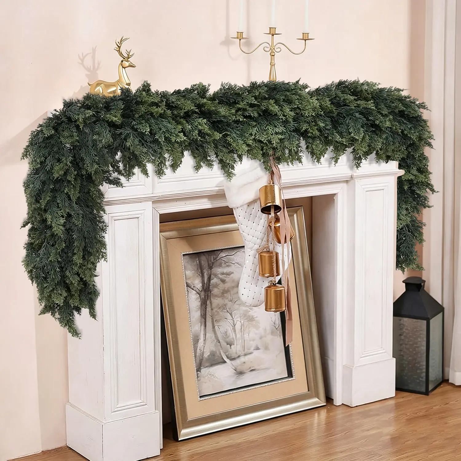 6 FT 2 Pcs Artificial Cedar Garlands, Real Touch Winter Cedar Garland, Green Artificial Greenery Tassel Garland for Table, Mantle, Wall, Indoor, Outdoor Christmas Decorations tiktokshopbacktoschool