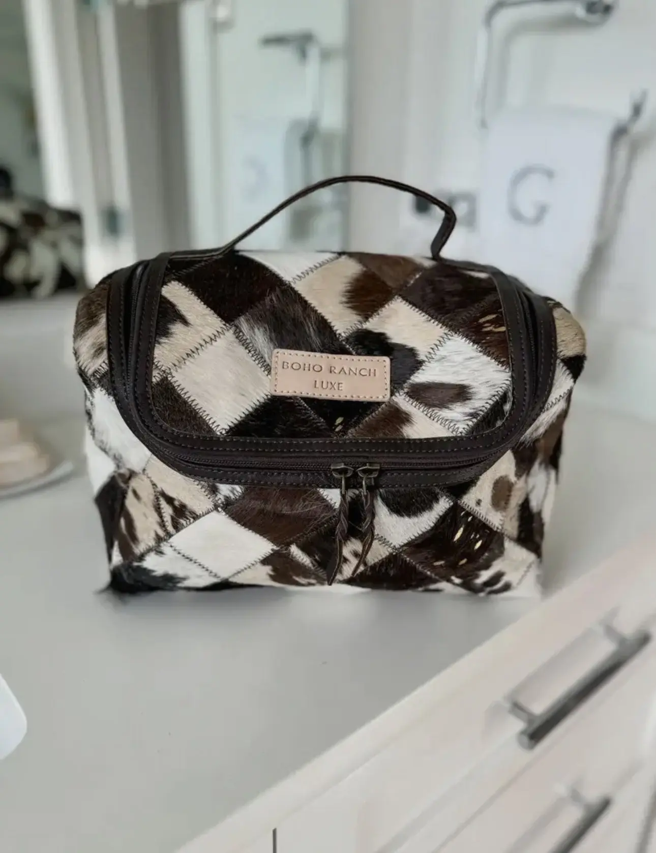 Boho Luxe Toiletry Bag Genuine Hair Travel Storage Makeup Organizer Pouch