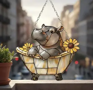 Hippo Bathtub Suncatcher, Faux Stained Acrylic Window Hanging, Sunflower Décor