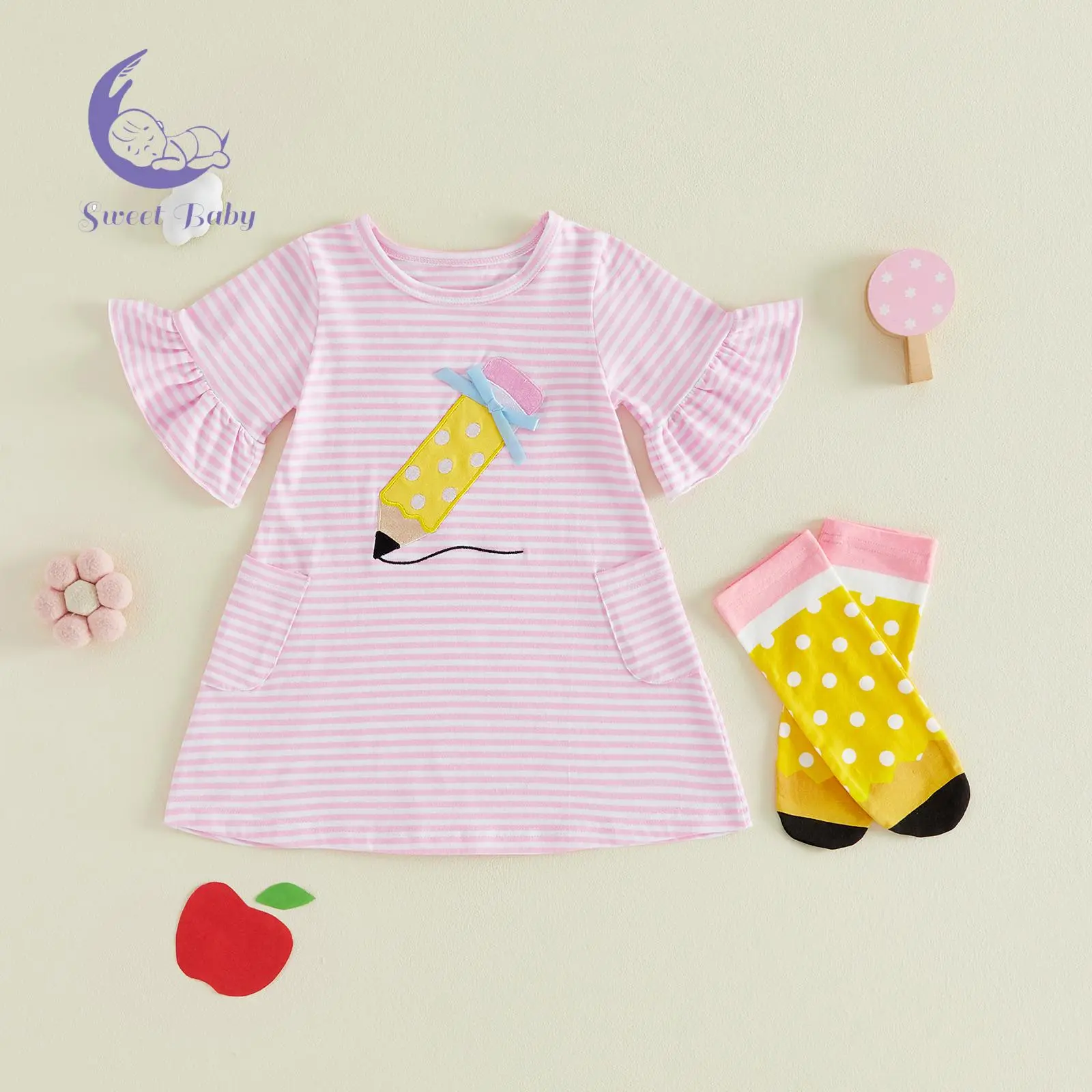 Girl Back to School Dress Pencil Embroidery Crew Neck Flare Short Sleeves Stripe A Line Dress
