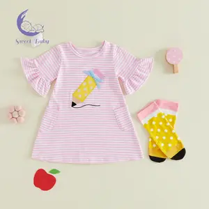 Girl Back to School Dress Pencil Embroidery Crew Neck Flare Short Sleeves Stripe A Line Dress