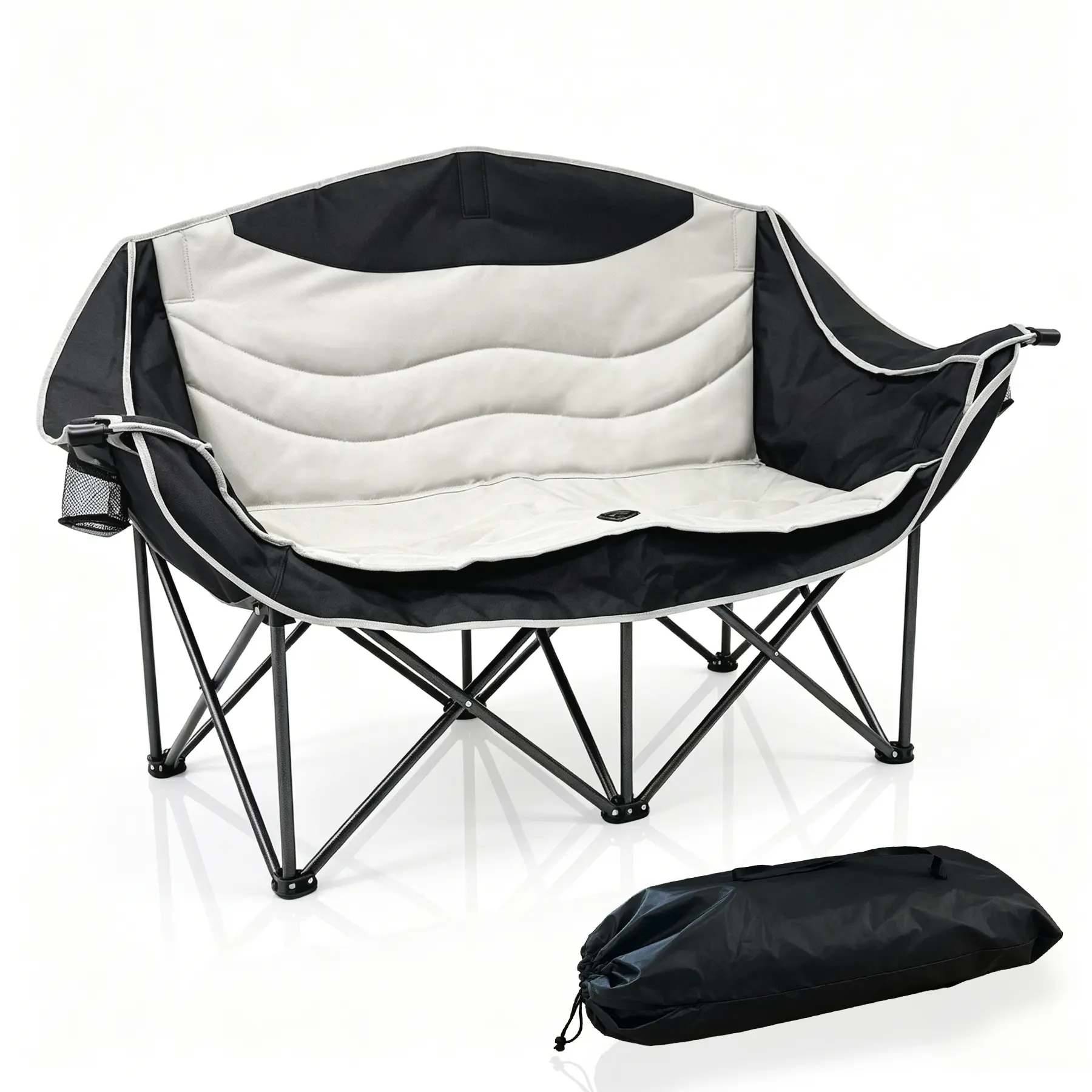 Hsecoyay 2-Person Camping Loveseat - Heavy-Duty Oversized 600D Oxford Fabric Foldable Camp Chair, 600lbs Capacity Snap-Lock Frame, Cup Holders, Carry Bag, Ultra Portable Compact Collapsible Travel Seat Chairs for Outdoor Patio, Ultra Portable Chairs