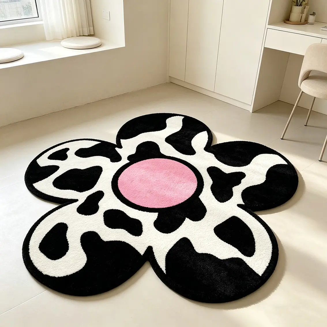 Cow patterned carpet, Soft Rug, Home Decorative Rug, powder black plush floor mat, study bedroom anti-slip wear-resistant foot mat, decoration mat, suitable for home decoration