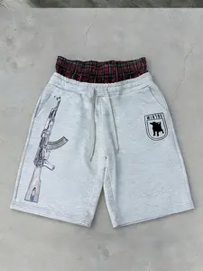 “Double Waistband Plaid Trim Sweat Shorts for Men | Y2K Streetwear Oversized Fit | Graphic AK-47 & Dog Print | Comfy Casual Style for Teens, Gen Z & Street Fashion Lovers | Perfect for Skate Fits, Daily Wear & Urban Outfits”