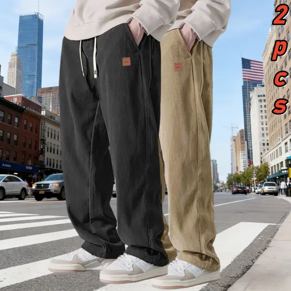 Men's Corduroy Pants 2-Pack, Casual Plain Baggy Straight-Leg Fit with Pockets for Autumn Winter Wear, Chic