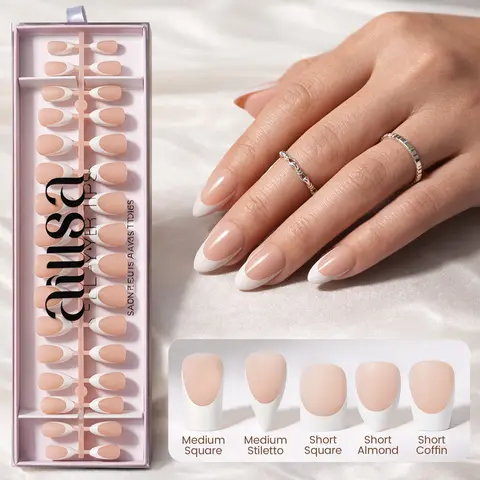 Aillsa Neutral Nude Base French Tip Press On Nails - Beauty Products with Glossy/Matte Finish, Ready-to-Wear/DIY, French Nail Art for Dates,Weddings, Natural Look Glam Accessory