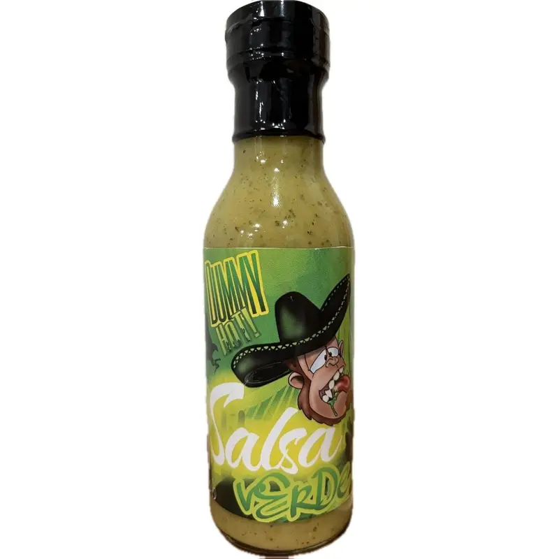 Dummy Hot Salsa Verde Green Tomatillo Hot Sauce 74 Servings Made in Oakland Garlic and Serrano Peppers Low Sodium 20mg per Serving 3 Calories per mL Flavor