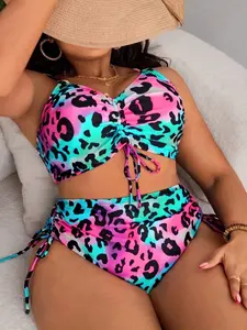 Women's Plus Size Fashion Sexy Bold Leopard Print Two-Piece Bikini Set, Slim-Fitting Push-Up Swimsuit for All Seasons