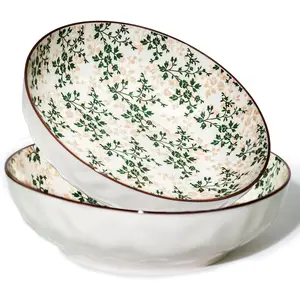Large Serving Bowls, 78Oz  Salad Bowls Set of 2, Green Floral  Design Decorative Bowls for Salad, Fruit, Pasta and Dinner, Serving Dishes Set for Party (Green Floral of 2)