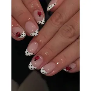 24pcs Short Oval Adhesive Nail Stickers, Short Polka Dot French Manicure, Ladybug Pattern, Glossy Full Coverage False Nails, Suitable For Women For Daily Wear, Dates, Parties In Autumn/Winter