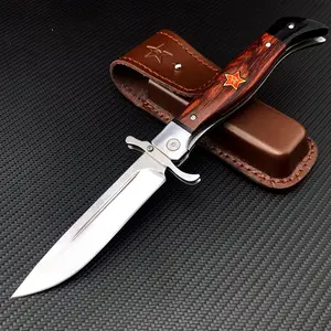 Tactical Folding Knife, 4.4in Steel Mirror Blade, Rosewood Handle with Sheath, EDC Knife with Safety LinerLock, Handblocking Design