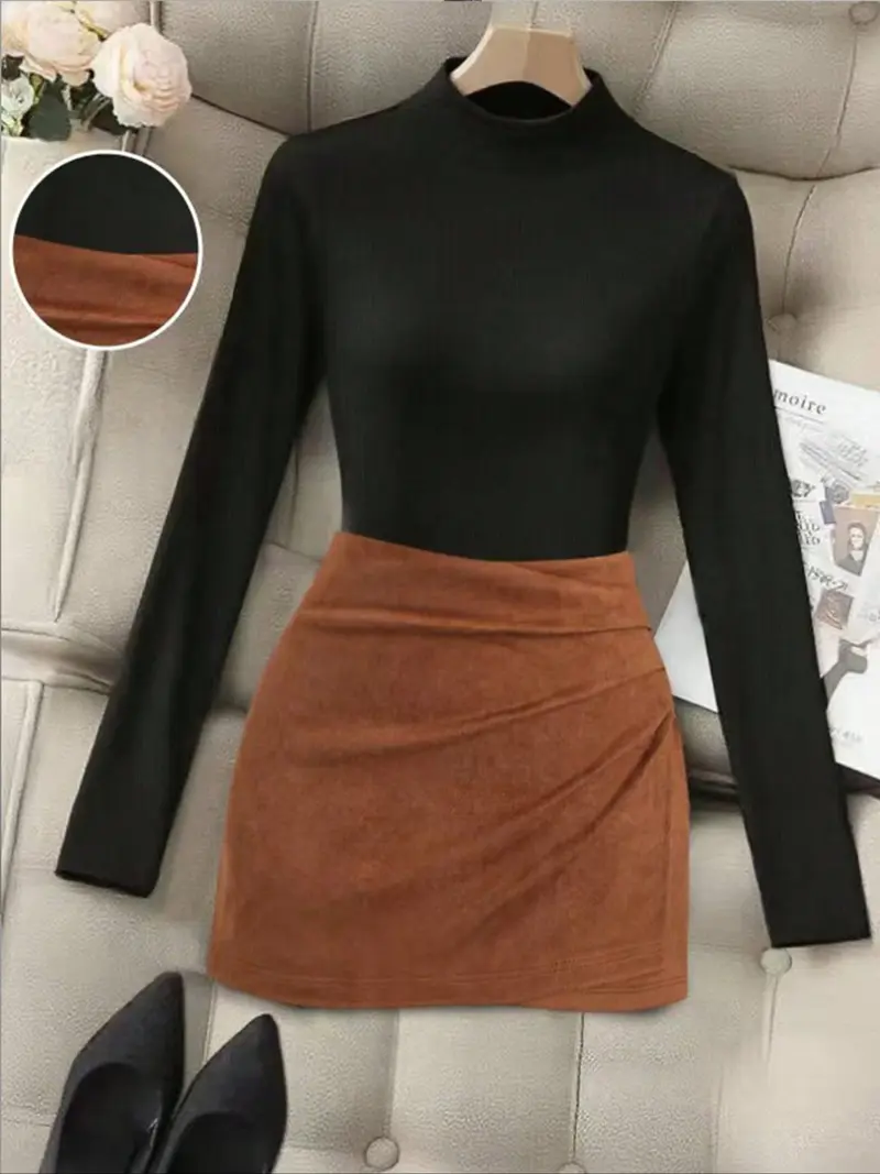 Women's Plus Size Solid Color High Neck Long Sleeve T-Shirt and Pleated Midi Skirt Set, Casual Two-Piece for Fall Spring