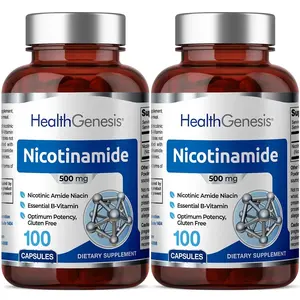 Health Genesis Nicotinamide 500 mg 100 Capsules - 2 Pack Essential B-Vitamin for Energy Metabolism & Skin Health - Healthcare