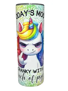 Rainbow Unicorn - Today's Mood - Cranky With A Touch Of Psycho - 20oz oz 20 oz. 20oz. Skinny Sublimation Water Bottles Tumbler - Amy's Tumbler Junkies - Your Favorite Tumbler Shop!