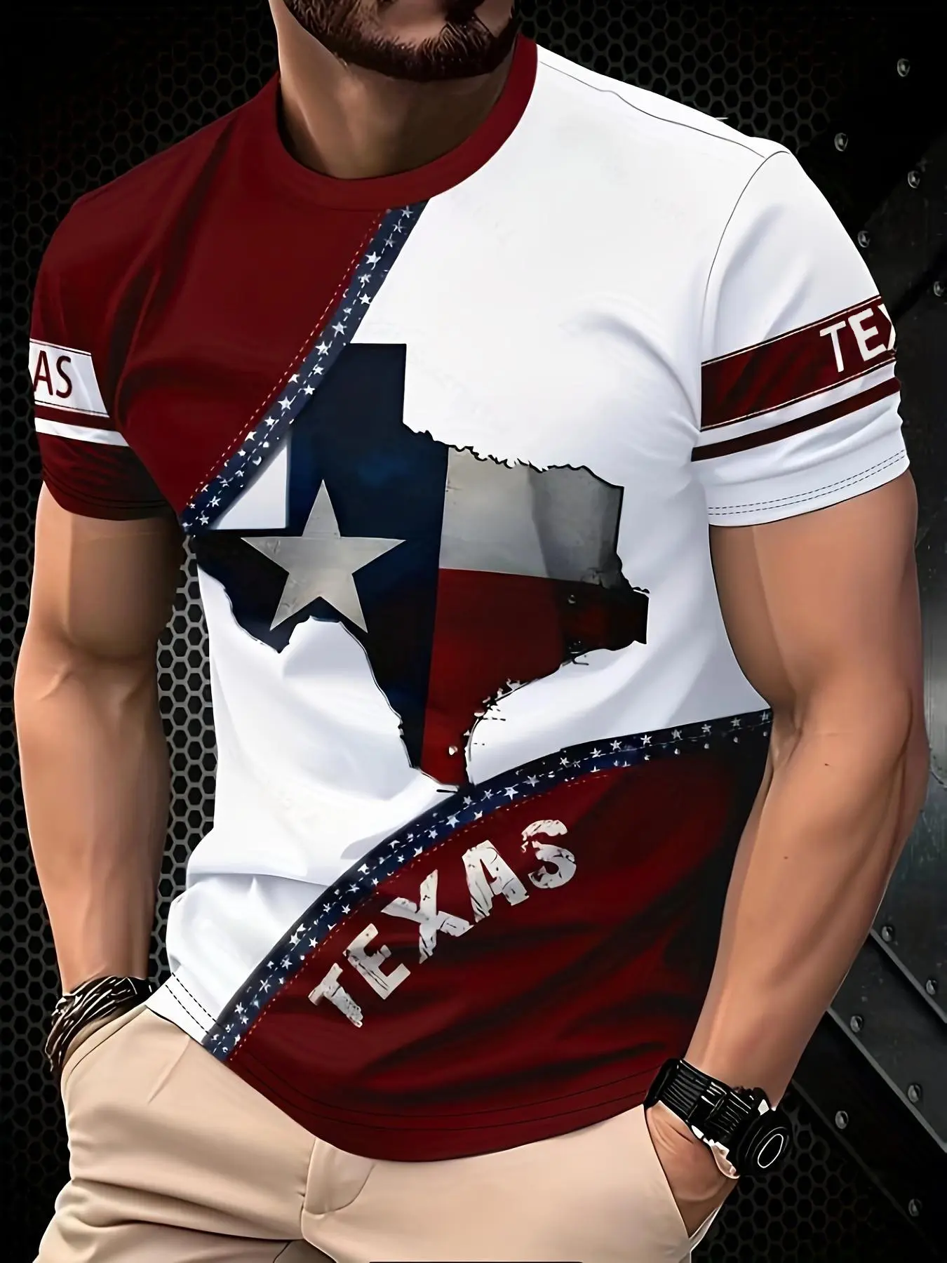 Men's Short Sleeve T-Shirt with Texas Map and Stars and Stripes Print, American Vintage Streetwear Style Menswear