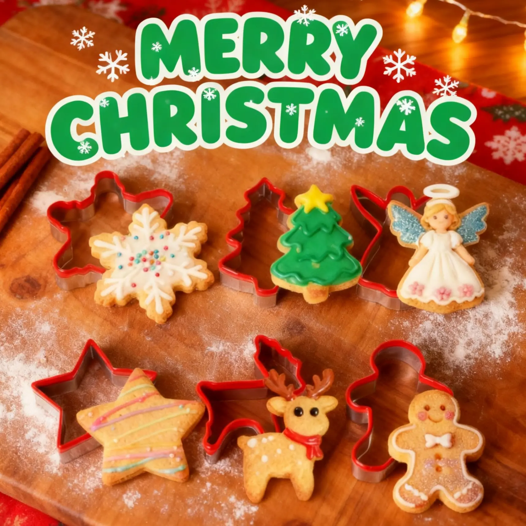 Christmas Cookie Cutters 6-Pc Set, Gingerbread Boy, Elk, Snowflake, Star, Bell, Tree Shapes Baking Molds with PVC Edge, Reindeer Biscuit Stencils for Cookie Decorating & DIY Baking, Cookie Decorating Tools, Baking Enthusiast, Bakeware