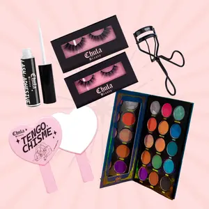 Chula Beauty TikTok Exclusive MEGA Sampler Bundle - Matte Glitter Eyeshadow Palette, Heart Hand Mirror, Eyelash Curler, 2 Luxury Silk Lashes & Waterproof Sweatproof Lash Glue