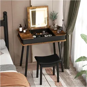 (High end and high-quality)Vintage Foldable Makeup Vanity Table with Flip Top Mirror & 3-Color LED Lights,Space Saving Makeup Vanity Desk Set with 6 Storage Spaces and Power Outlet,Cushion Stool,Rustic Brown vanity  without  let