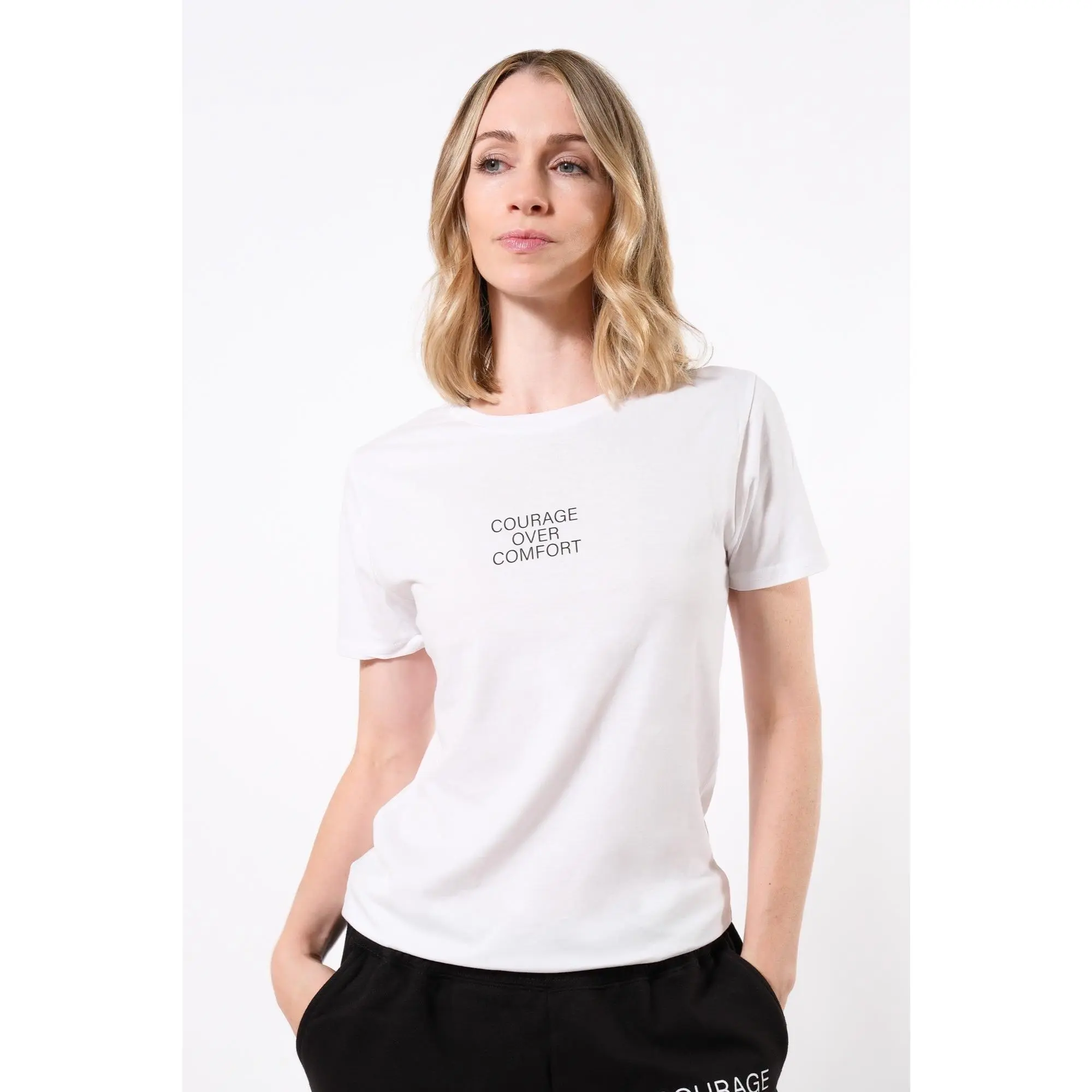 Birdiebee "Courage Over Comfort" Classic Tee: Women's Fitted Short Sleeve Crew Neck Cotton T-Shirt