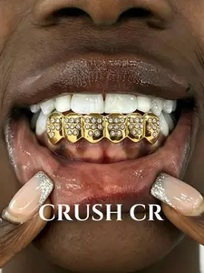 CRUSH CR Genderless Full Iced Grillz Set, Gold/Silver Plated Teeth Cap, Durable & Removable, Perfect for Festivals, Concerts, Streetwear and Everyday Edgy Styling