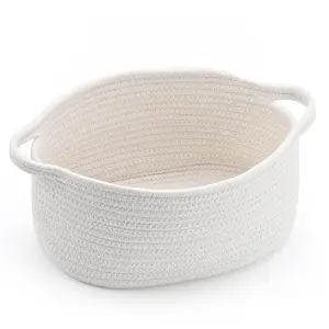 Woven Storage Basket with Handle, Container for Gifts Empty, Decorative Organizer Bins Box for Pet Dog Toys Baby Essentials Snack Diaper Towel WhiteGift