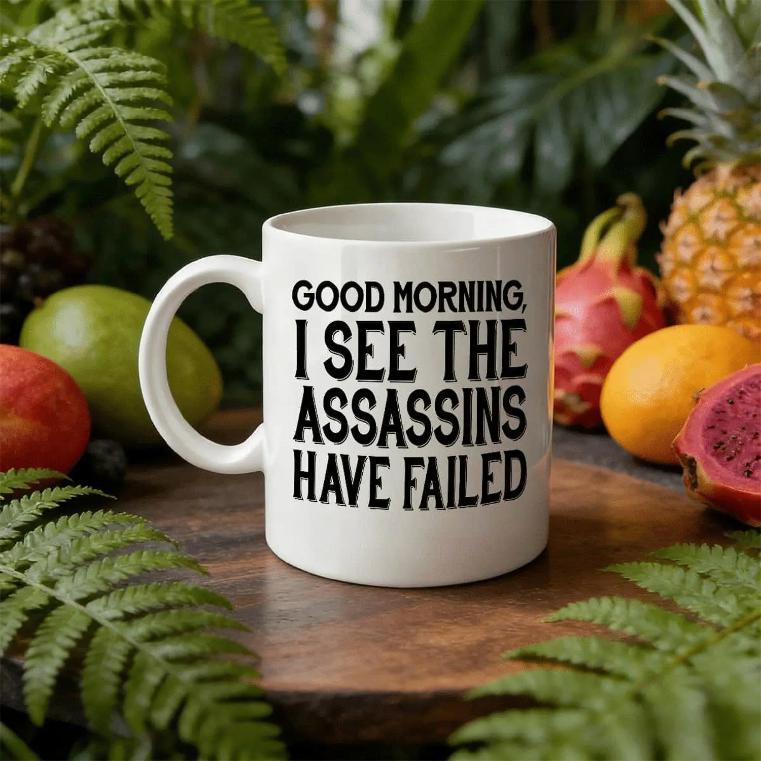 One 11Oz Humorous Coffee Cup Featuring The Quote 'Good Morning, I See The Assassins Have Failed' - a White Mug with Black Text And a Contrasting Handle, Safe for Dishwasher Use, Making It a Funny Gift for Men, Women, Or Boyfriends