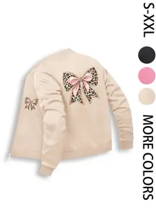 Women's Leopard Bow Print Bomber Jacket, Lightweight Zipper Coat, American Street Style, Casual All-Season Wear, Parade Team Uniform