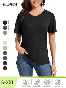 Ultra-Soft V-Neck T-Shirts for Women, Short Sleeve V Neck Basic Tees ,Loose Fit Cute 9-colors Tops for Casual Outfits,S-2XL,Spring&Summer Break Outfit Inspo,Side Slide Design,Women's Viscose Sleep T-Shirt V-Neck Pajamas Top