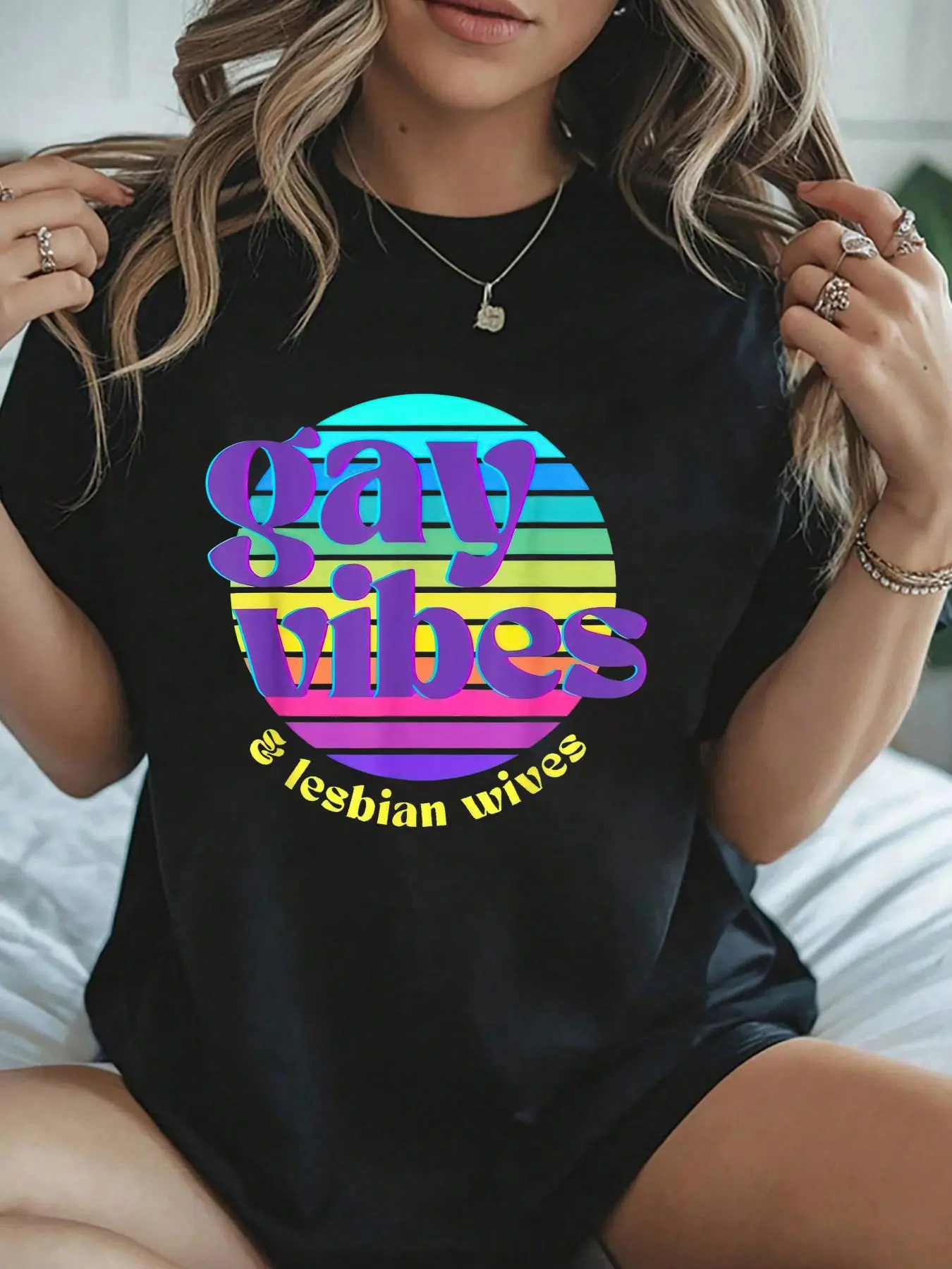 Women's 100% Cotton Round Neck Shortsleeve Casual Loose LGBT Pride T-Shirt - Rainbow Gay Vibes, Lesbian Wives Graphic Summer Top, Do Not Bleach, All Seasons, Cold Wash, Super Soft, Loose Fit, Party, Jackets, Style, Clothes, Tumble Dry, Loose-Fitting