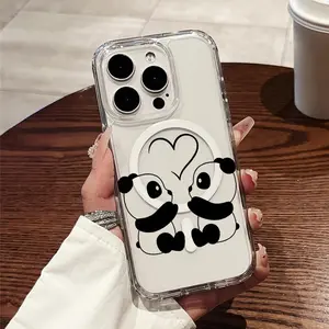 A playful, symmetrical panda and heart design, supports wireless magnetic charging cases, compatible with iPhone 17/16 Pro Max/15/14 Plus/13/12/11 and Samsung 23/24/25 protective cases.  A perfect New Year's gift.