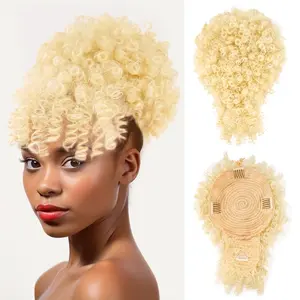 Afro Puff Ponytail Extension for Black Women Drawstring Ponytail with Kinky Curly Hair Clip in Bangs Short Ponytail Hair Extension (#613, With Bangs)