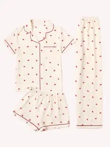 Women's 3-Piece Sleepwear Set, Spring Summer Fall, Lapel Short Sleeve Cardigan Top + Shorts + Pants, Almond Color Cherry All over Print, Pajama Set