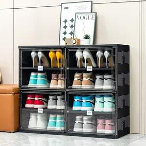 JEKO&JEKO 4 Tiers 16 Pairs Foldable Shoe Rack Organizer Cabinet for Closet Entryway, Large Collapsible Shoe Storage Box with Magnetic Doors Fits Up to 16 Pairs (Black)