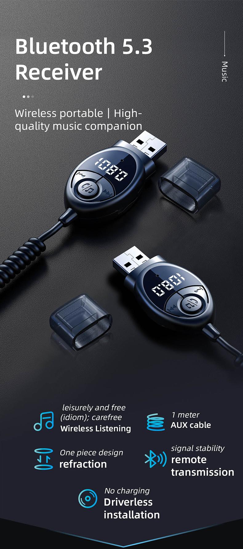 Aux to Bluetooth 5.3 Adapter,USB-3.5mm Aux Audio Adapter Receiver with Built-in Mic for Hands-Free Calls,Plug and Play Bluetooth Receiver,Compatible with Car Speaker and Home Audio