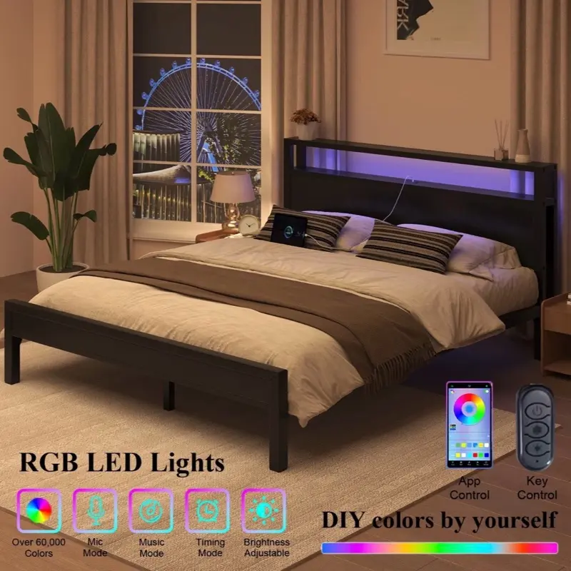 EBERY Industrial Platform Bed with Black Metal Frame, Integrated RGB LED-Lit Storage Headboard